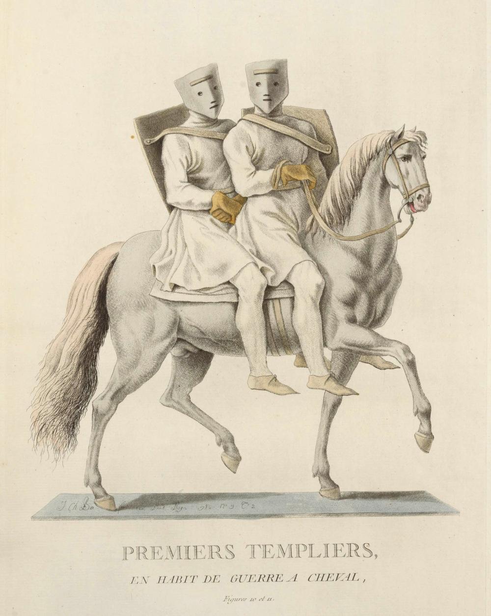 Premiers Templiers en habit de guerre à cheval – gravure originale du XVIIIe siècle - RELICS
