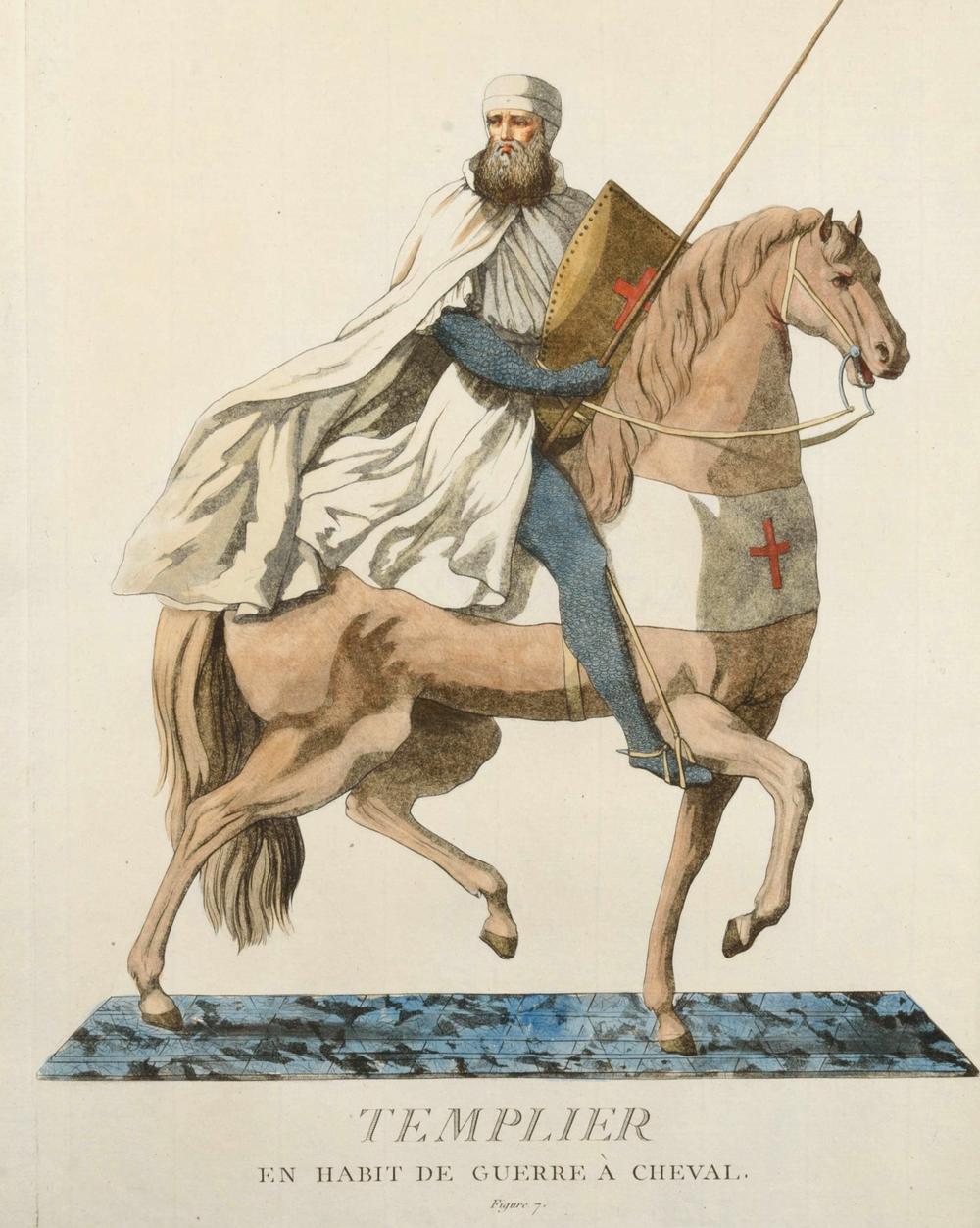 Templier en habit de guerre à cheval – gravure originale du XVIIIe - RELICS