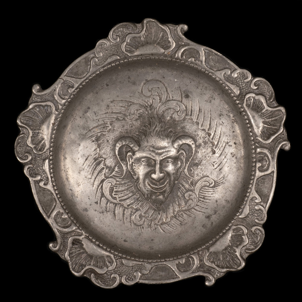 1751 PEWTER DISH, FACE OF THE DEVIL - RELICS