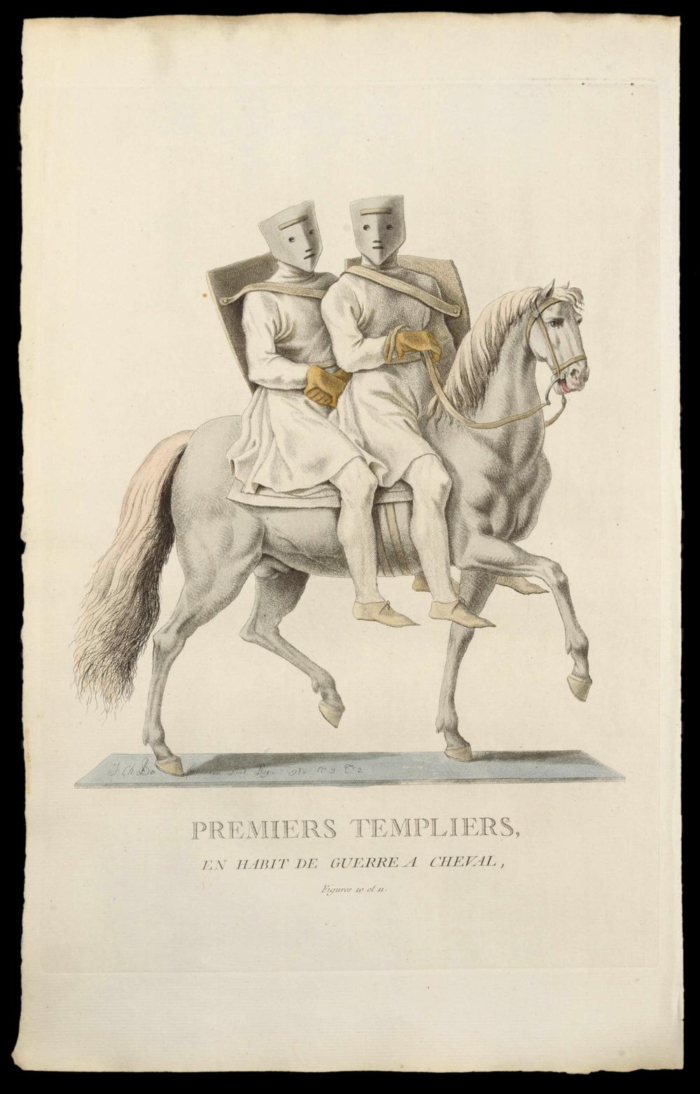 FIRST TEMPLARS IN BATTLE ATTIRE ON HORSEBACK – original 18th-century engraving - RELICS
