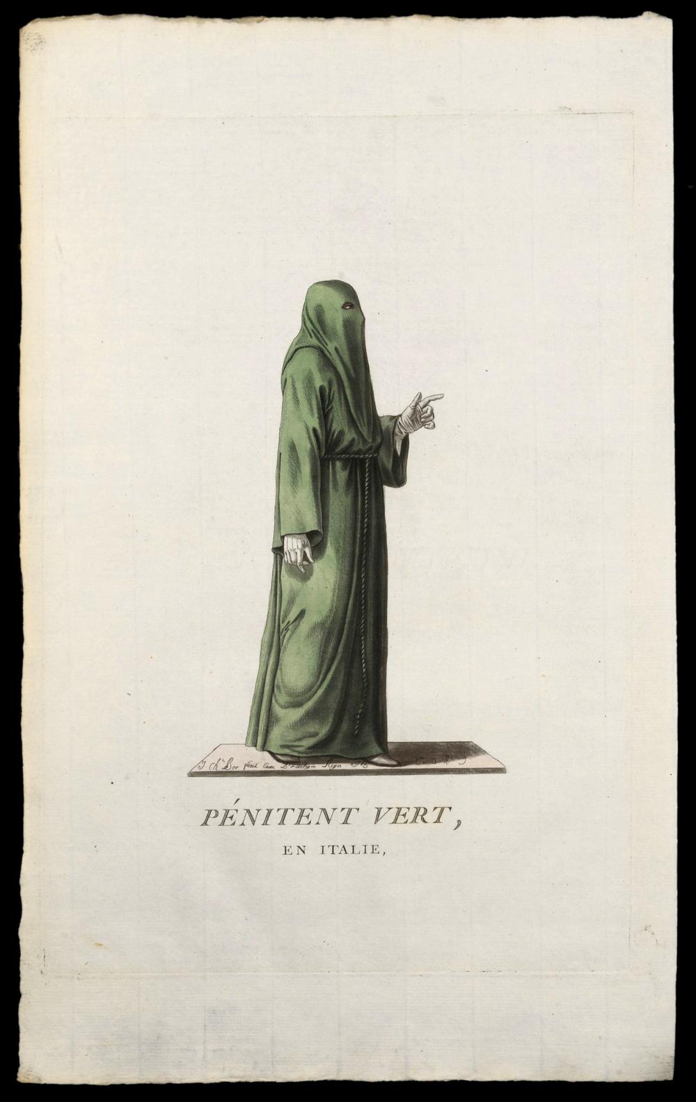 GREEN PENITENT – original 18th-century engraving, Italian confraternity - RELICS