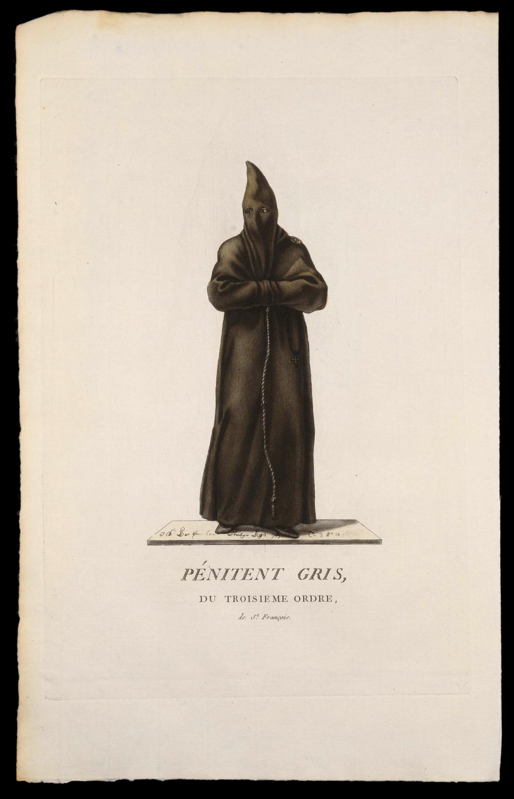 GREY PENITENT OF THE THIRD ORDER OF SAINT FRANCIS – ORIGINAL 18TH-CENTURY ENGRAVING - RELICS