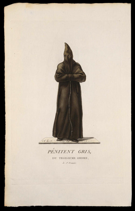 GREY PENITENT OF THE THIRD ORDER OF SAINT FRANCIS – ORIGINAL 18TH-CENTURY ENGRAVING - RELICS