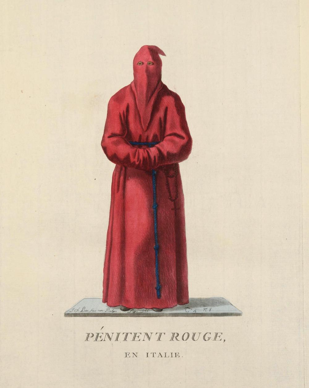 Le Pénitent rouge – gravure originale du XVIIIe siècle confrérie italienne - RELICS