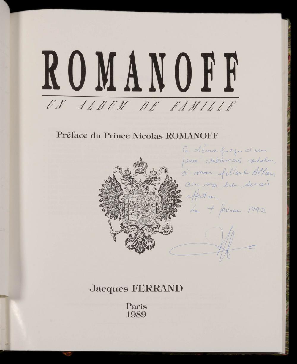 Page de titre avec dédicace manuscrite du livre rare Jacques Ferrand Romanoff un album de famille, Paris 1989