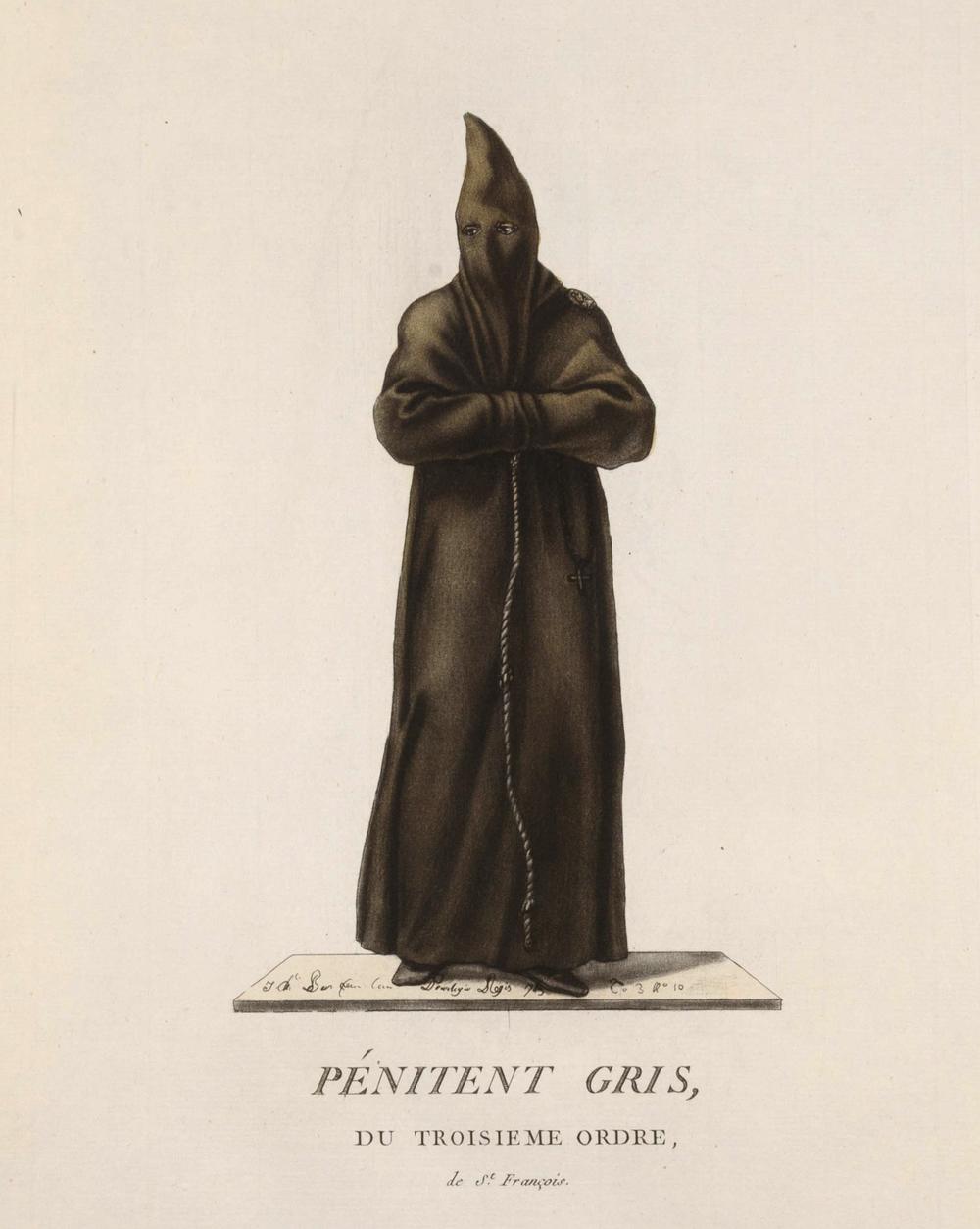 Pénitent gris du Troisième Ordre de saint François – gravure originale du XVIIIe siècle - RELICS