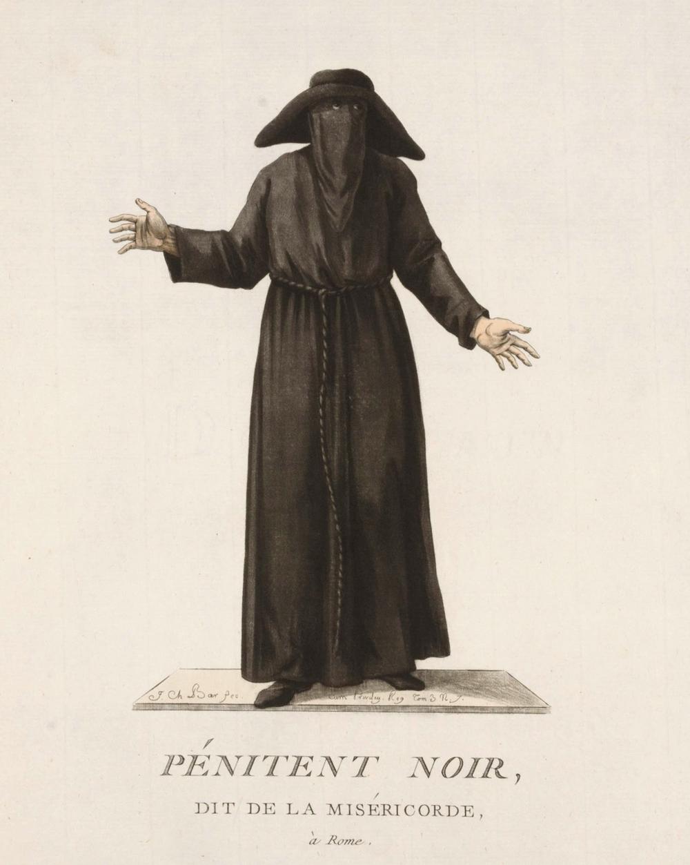 Pénitent noir dit de la Miséricorde – gravure originale du XVIIIe siècle, Rome - RELICS