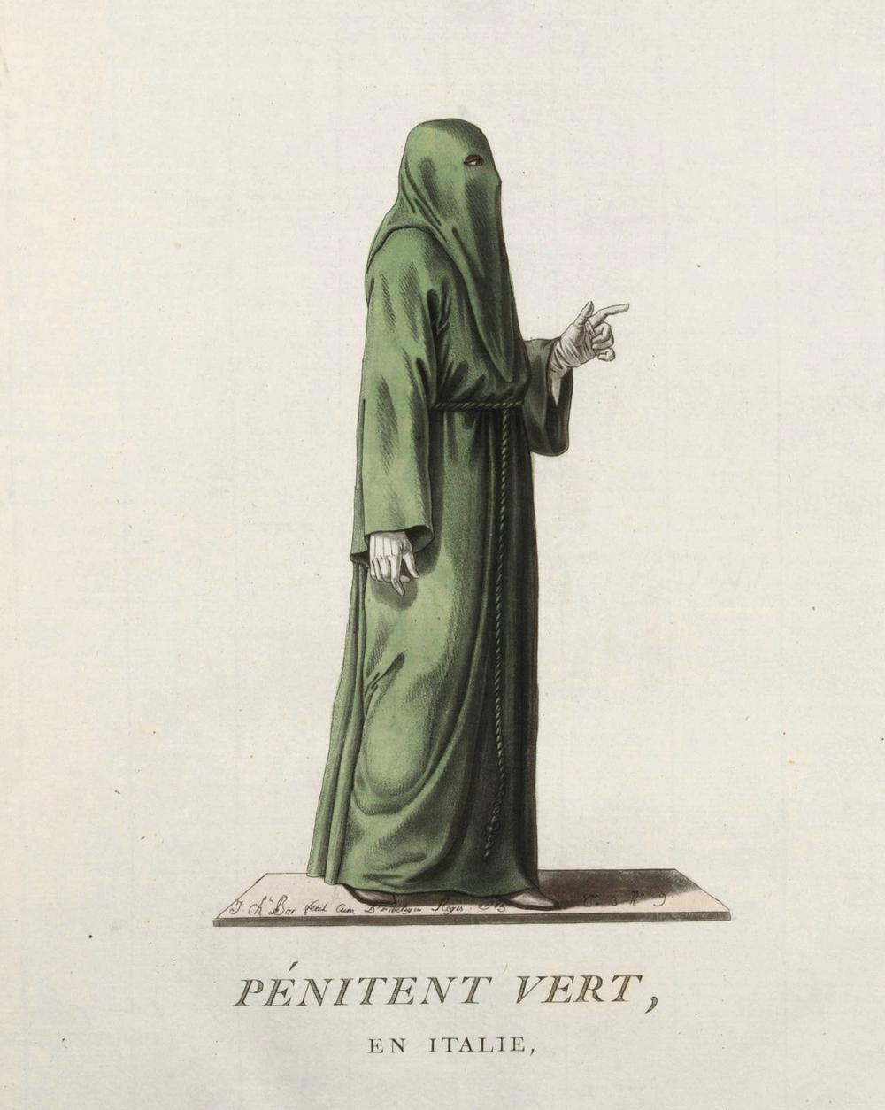 Pénitent vert – gravure originale du XVIIIe siècle, confrérie italienne - RELICS