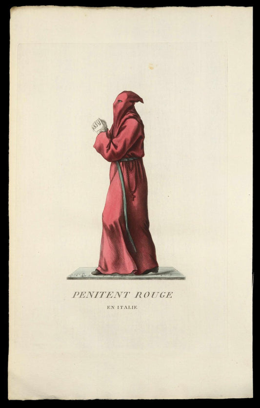 RED PENITENT – French 18th-century engraving, Italian confraternity - RELICS