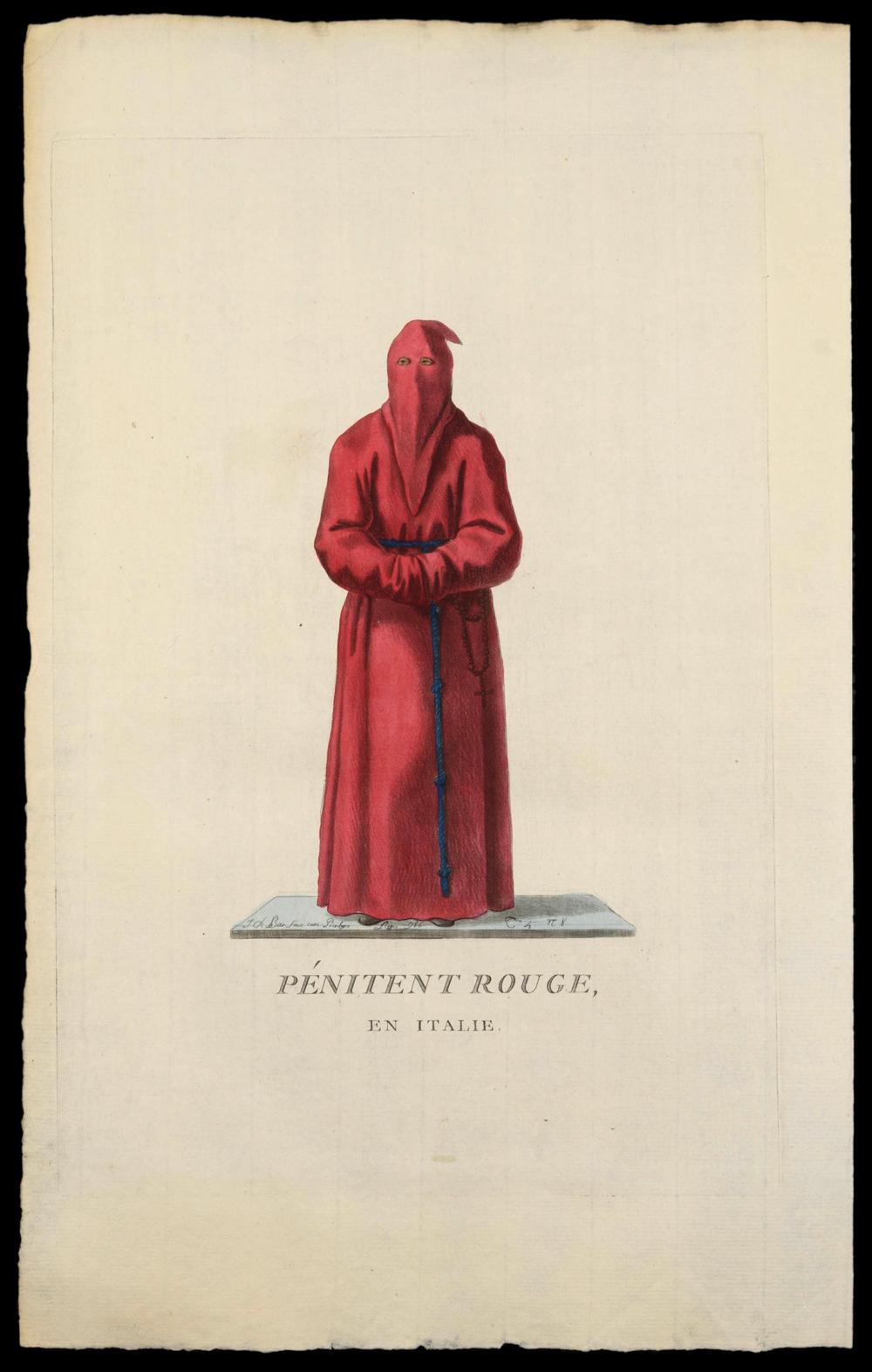 RED PENITENT – original 18th-century engraving, Italian confraternity - RELICS