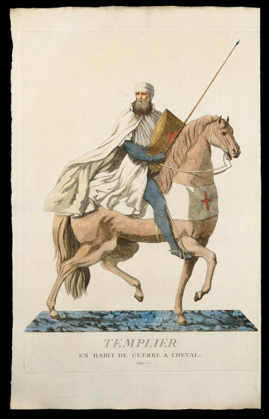TEMPLAR KNIGHT IN BATTLE ATTIRE ON HORSEBACK – original 18th-century engraving - RELICS