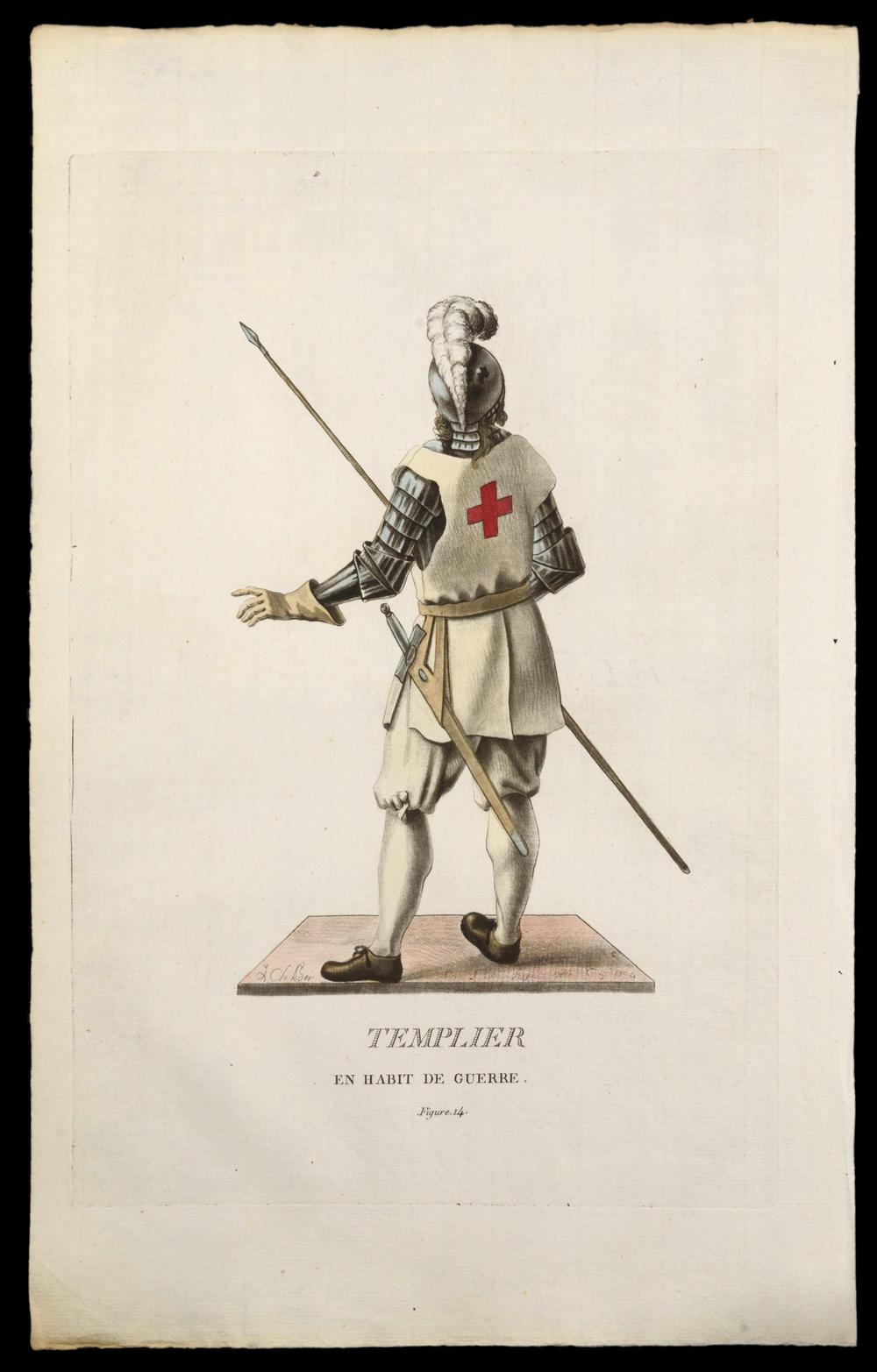 TEMPLAR KNIGHT IN BATTLE ATTIRE – original 18th-century engraving - RELICS