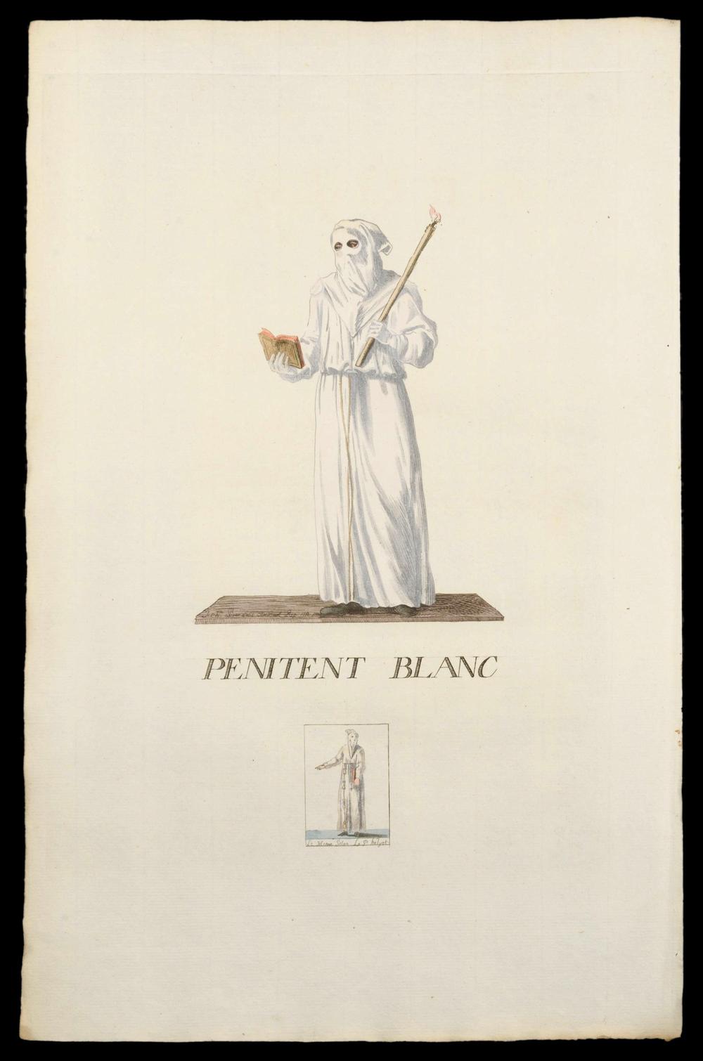 WHITE PENITENT – original 18th-century engraving, Italian confraternity - RELICS