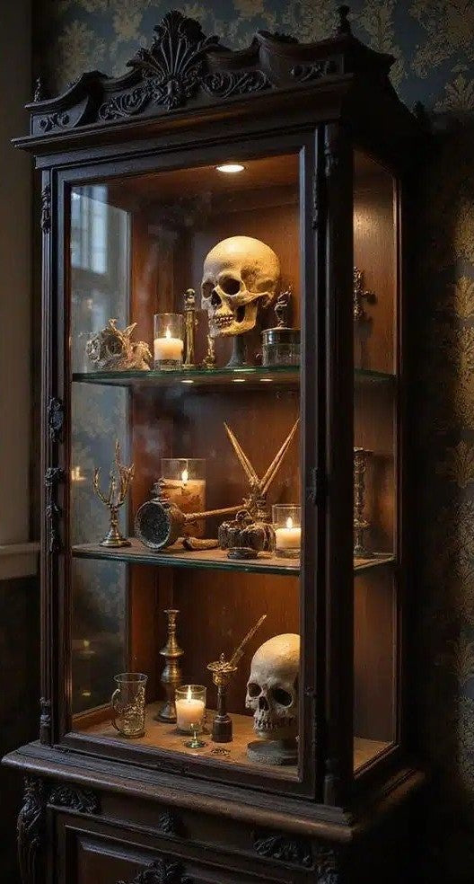 Historic reliquaries displayed inside a traditional cabinet of curiosities.