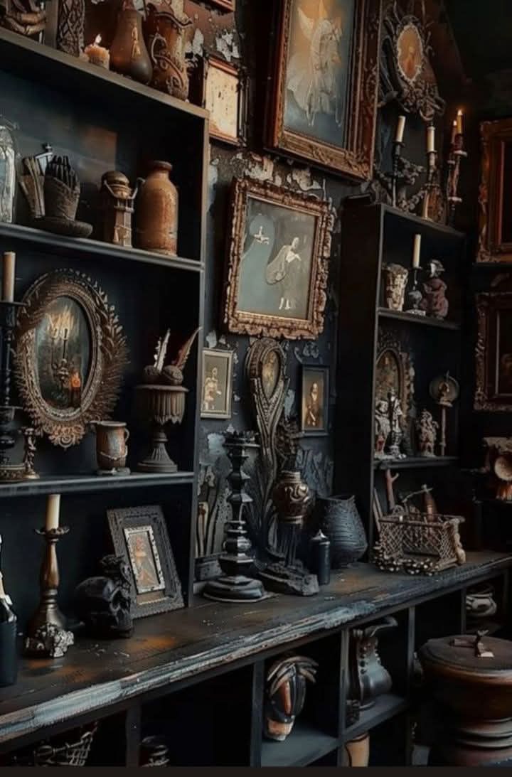 Religious artifacts and historic objects arranged in a cabinet of curiosities.